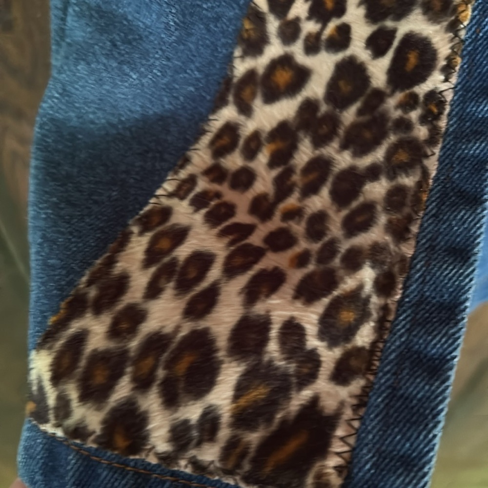 VTG 80s Denim & Leopard Print Maxi Skirt Double Slits Rockabilly Punk Sz Small - Picture 4 of 8